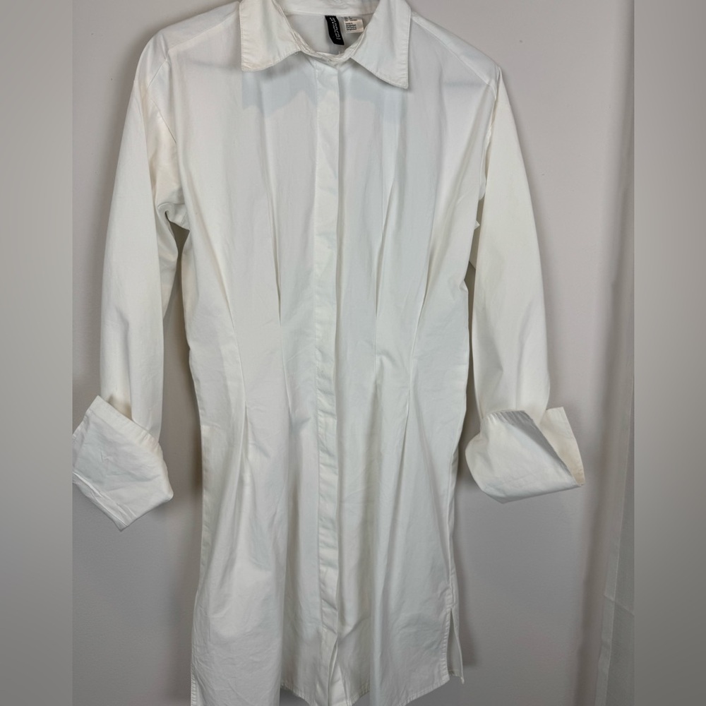 H&M White Cotton Shirt Dress Button Front Collared Long Sleeve Tunic Size Small